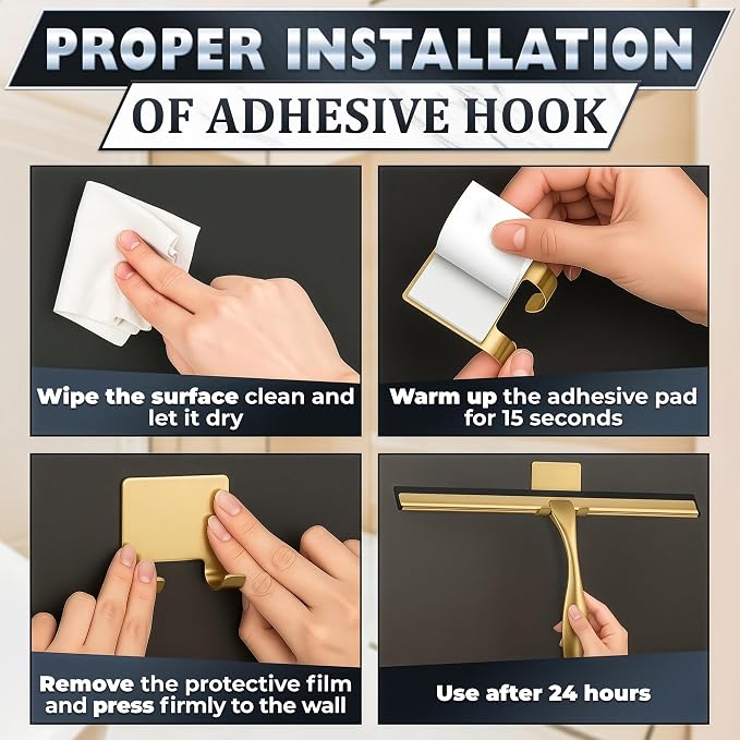 Shower Door Squeegee with Hook - 14" Silicone Blade, Stainless Steel Gold Squeegee for Shower Glass with Adhesive Mount - All-Purpose Bathroom Tile, Mirror, & Window Wiper for Streak-Free Cleaning