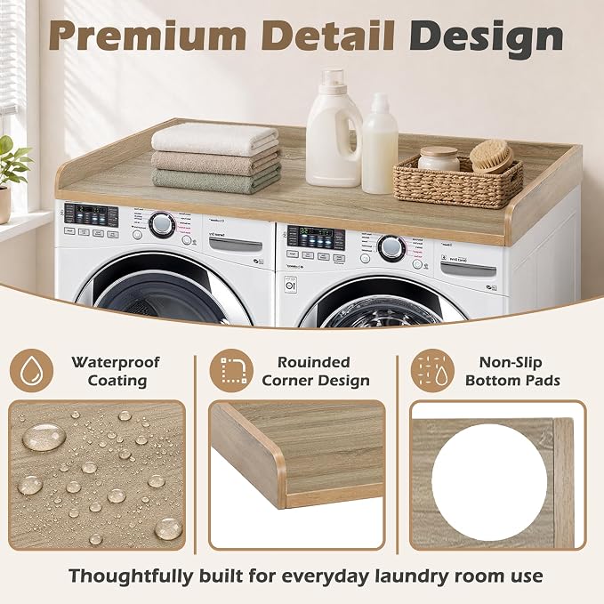 Royxen Washer Dryer Countertop with Solid Wood Core,54“W x 27.5D Laundry Countertop with Edge Rails,Washer and Dryer Topper for Laundry Room Organization(White Oak)