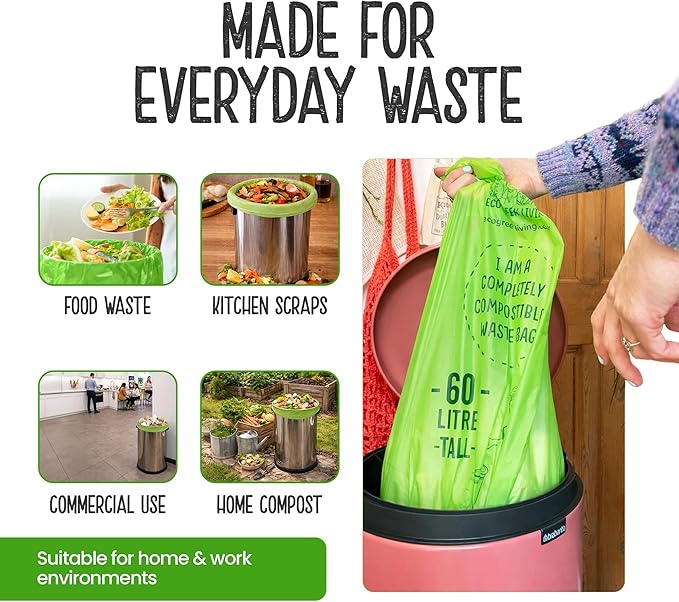 Compostable Bags - 15.9 Gallon (60L) Trash Bags Without the Waste, Certified Compostable & Eco Friendly, No Plastic Bags for Large Kitchen Trash