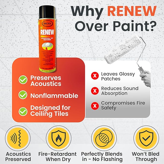 Renew Ceiling Tile Spray Paint, Commercial-Grade, Conceals Water & Smoke Stains, Fire-Retardant, Preserves Acoustics (Pack of 3)