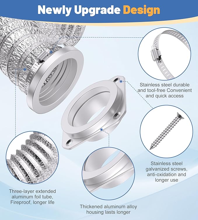 Magnetic Dryer Vent Coupling Connector Kit - DV180 Airtight Seal, Quick Magnetic Connect/Disconnect, Includes 4" Extendable Flexible Duct Hose, 2 Clamps, Screws - Easy Install & Lint Cleaning (silver)