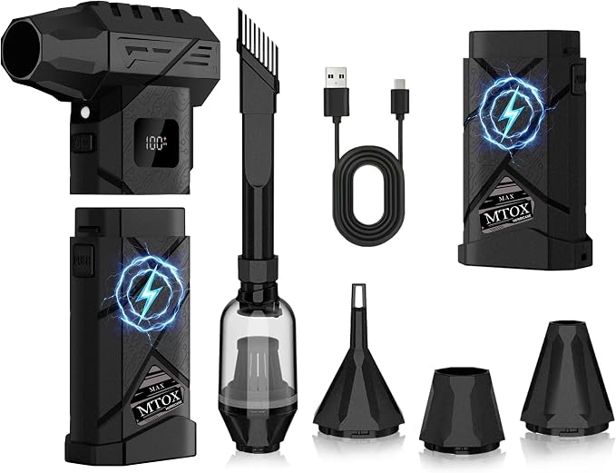 MTOX Compressed Air Duster, 150,000RPM Super Power Rechargeable Electric Air Duster, Blower, 2in1 Vacuum, 4-Gear Adjustable,2 Swappable Battery, LED, for Keyboard, PC, Car, Home (Frosted Black)