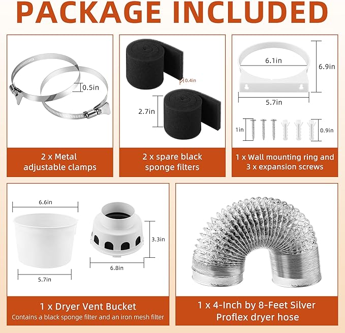 [Upgraded]AMI PARTS TDIDVKZW Indoor Dryer Vent Kit with 4-Inch by 8-Foot Proflex Duct, White, 4 Inch