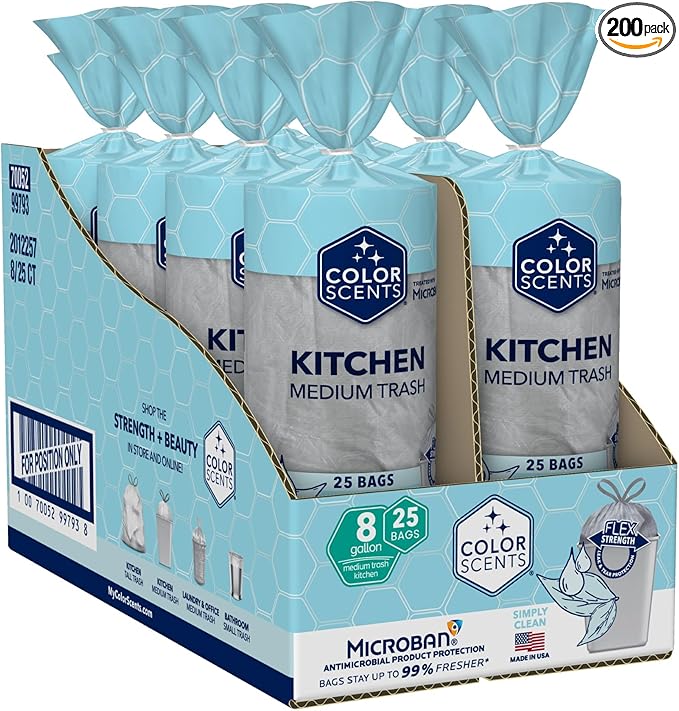 Color Scents Medium Trash Bags - 8 Gallon, 200 Total Bags (8 Packs of 25 Count), Drawstring - Silver Bag in Simply Clean Scent with Microban