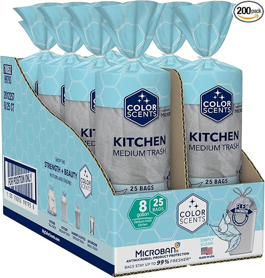 Color Scents Medium Trash Bags - 8 Gallon, 200 Total Bags (8 Packs of 25 Count), Drawstring - Silver Bag in Simply Clean Scent with Microban
