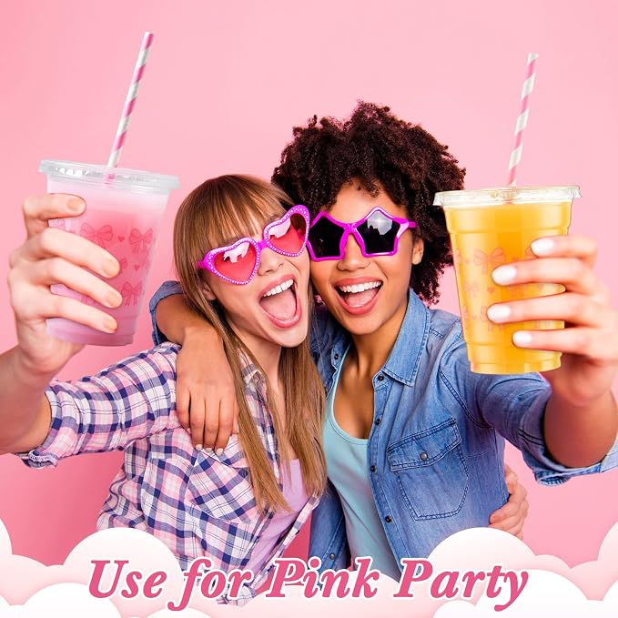 Yaomiao 100 Pcs Pink Bow Plastic Cups 12oz Disposable Clear Pink Plastic Cups with Lids and Straw Cute Bow Cup Bulk Birthday Wedding Party Favors Supplies for Cold Beverage