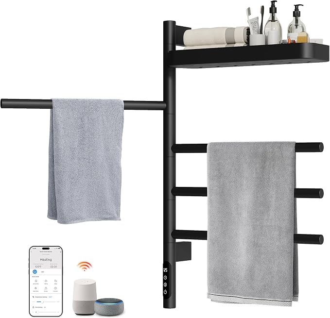 ENZE Smart Rotating Heated Towel Rack for Bathroom, 4-Bar Wall-Mounted Electric Towel Warmer with Swivel Shelf, Wi-Fi App Control, 24H Timer, Stainless Steel, IPX5, Hardwired/Plug-in, Matte Black