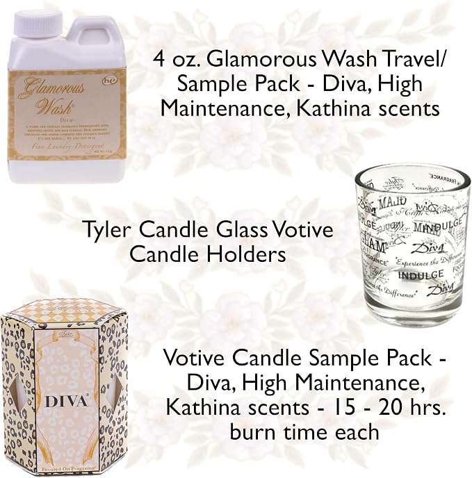 Tyler Candle Glamorous Gift Set with 3 Glamorous Wash, 3 Votive Candles, and 2 Votive Glasses, Bundle with Stain Remover Pen - Diva, High Maintenance, Kathina