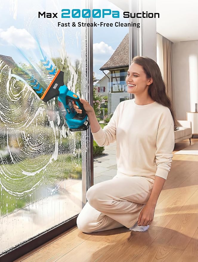 SEESII Cordless Window Vacuum Squeegee, 2000Pa Electric Window Squeegee, 120Mins Battery Life with 11" and 6.7" Squeegees for Mirrors, Glass, Tiles