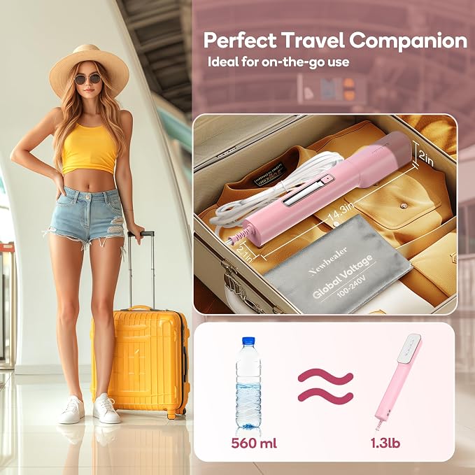 Newbealer 2in1 Travel Iron, 100-240V Clothes Steamer, 2 Steam Levels, Pink | Portable for On-the-Go, Heats in 20s, Dry Iron No Clamp, 180° Rotatable Head, 360° Leak-Proof, Auto-Off, Self-Cleaning, 90ml