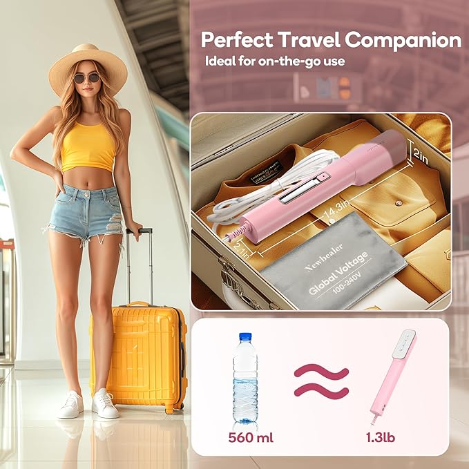 Newbealer 100-240V Clothes Steamer, 2in1 Travel Iron, 2 Steam Levels, 90ml | Portable for On-the-Go, Heats in 20s, Dry Iron No Clamp, 180° Swivel Head, 360° Leak-Proof, Auto-Off, Self-Clean, Light Pink