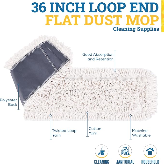 Kleen Handler 36" Commercial Dust Mop Replacement Heads, 3 Pack Industrial Loop End Flat Dust Mop Pads, Washable Cotton Mop Refill for Floor Cleaning, Natural