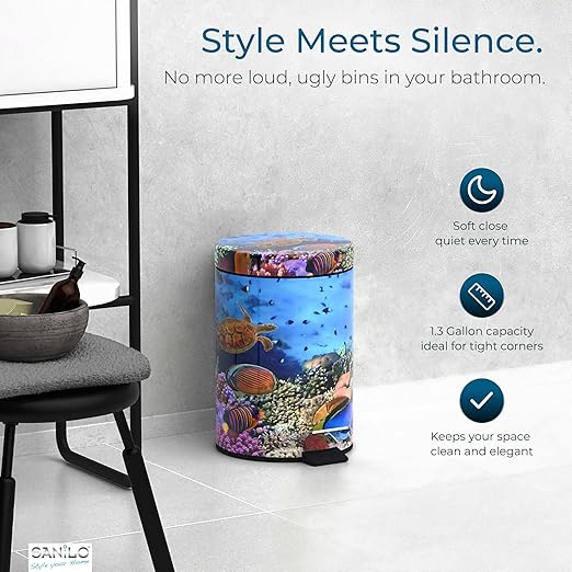 Sanilo Small Bathroom Trash Can with Lid [1.3 Gallon] - Lidded Tiny Trashcan for Garbage - Mini Metal Bin with Soft Closing Mechanism - Bath Room Accessoire Wastebin with Inner Bucket (Ocean)
