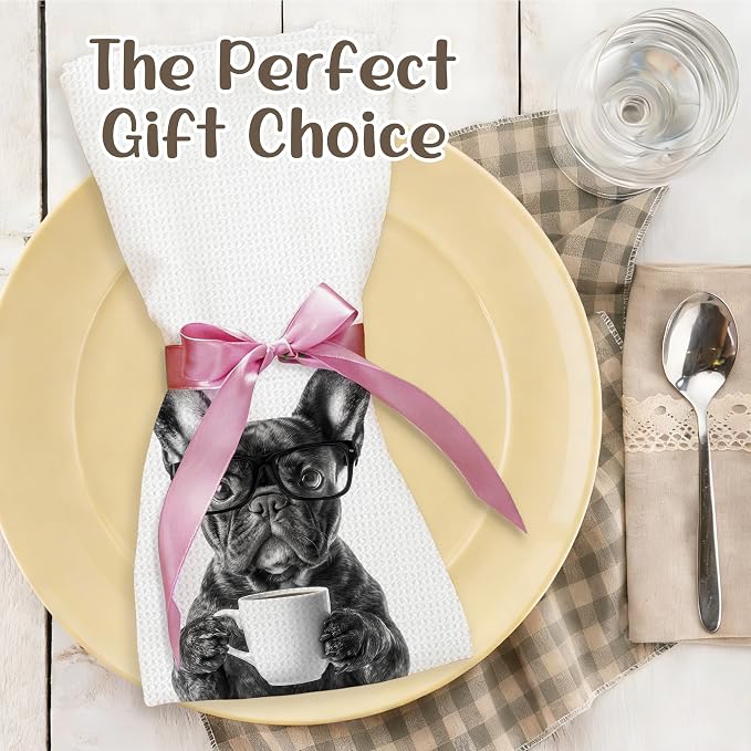 Funny French Bulldog Kitchen Towels, Dog Kitchen Accessories, Dog Chef Gifts for Women Decorative Hand Towels for Kitchen Decor, Coffee Lovers Gifts Dish Tea Towel, 16x24 Inch