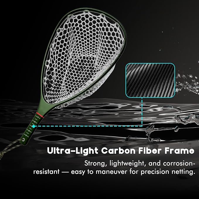 Riverruns Fly Fishing Landing Net Carbon Fiber Trout Net with Measurement Handle, Soft Rubber Mesh - 26" Standard (Wading) / 37" Long (Kayak)