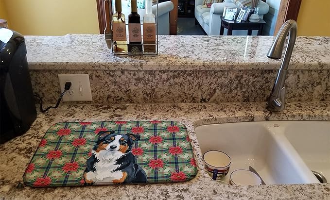 Caroline's Treasures Black Tri American Shepherd Christmas PoinsettIas Dish Drying Mat Absorbent Dish Drying Mat Pad for Kitchen Counter Dish Drainer Mat for Countertop, 14 x 21", Multicolor