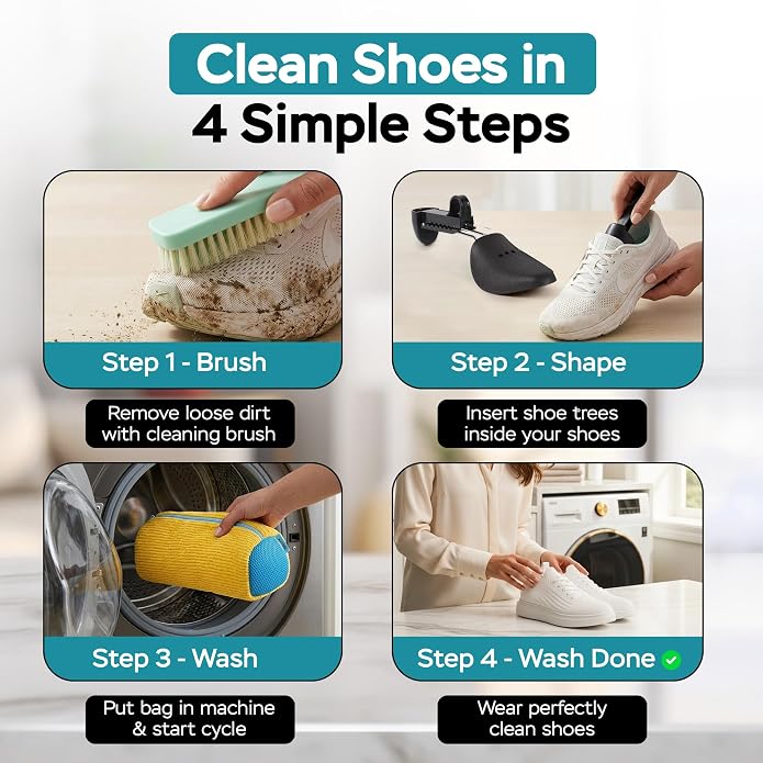 Shoe Washing Machine Bag for Washer and Dryer – AXERIN 5-Piece Kit | 2 Laundry Shoe Bags, 2 Shoe Trees & Brush, Reusable Sneaker Washing Bag, 360° Deep Clean for Sneakers, Tennis & All Shoes