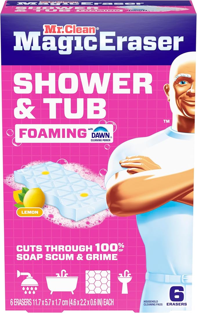 Mr. Clean Magic Eraser Sponge, Bathroom, Shower, Tub Cleaner, Soap Scum Remover, Bathroom Cleaning Supplies, Dawn Cleaning Power with Lemon Scent, Shower & Tub, 6ct (Pack of 4)