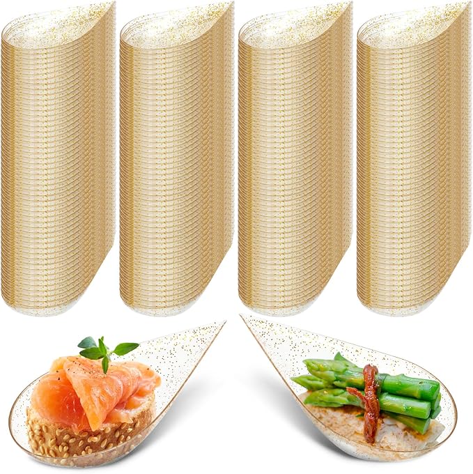 Tessco for you 400 Pcs 4" Tear Drop Appetizer Spoons Mini Appetizer Plates Reusable Tasting Spoons Plates Catering Supplies Disposable for Serving Small Desserts Cakes Bowls (Clear with Gold Glitter)