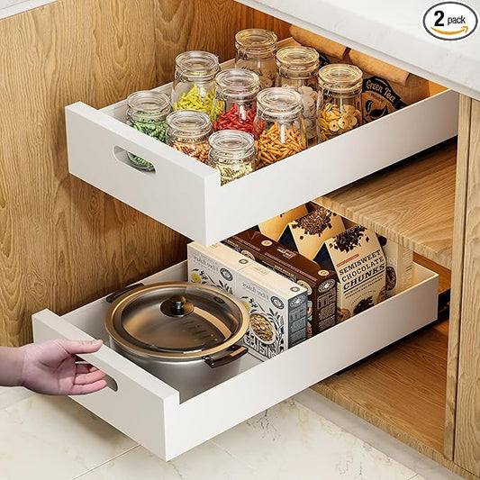 HBL' 2 Pack | 21" Deep Pull Out Cabinet Organizer Adhesive, 10-Inch Wide Sturdy Carbon Steel Roll-Out Drawers, Designed for Frameless Cabinets, Slide-Out Shelves for Pantry.