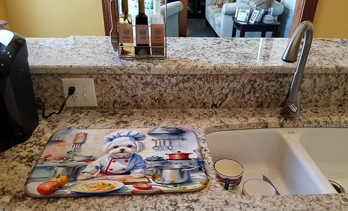 Caroline's Treasures DAC6283DDM Maltese The Chef Dish Drying Mat Absorbent Dish Drying Mat Pad for Kitchen Counter Dish Drainer Mat for Countertop, 14 x 21", Multicolor