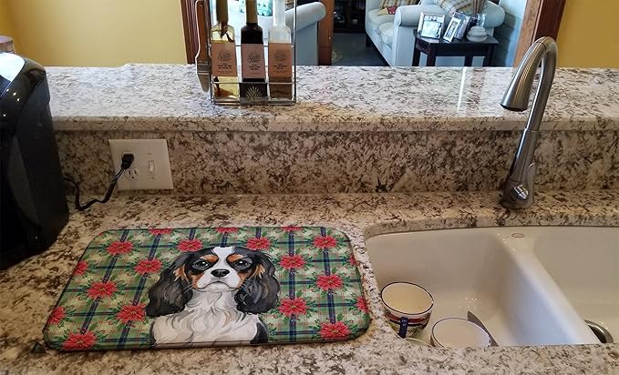 Caroline's Treasures Tricolor Cavalier Spaniel Christmas PoinsettIas Dish Drying Mat Absorbent Dish Drying Mat Pad for Kitchen Counter Dish Drainer Mat for Countertop, 14 x 21", Multicolor