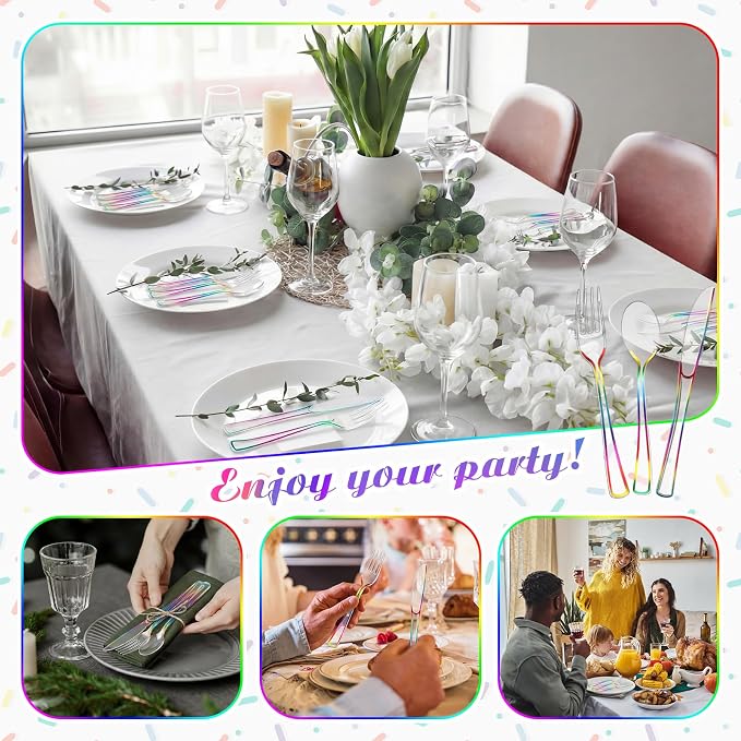 Minatee 150 Pcs Rainbow Plastic Silverware, Clear Disposable Cutlery Set Heavy Duty Utensil Sets 50 Forks 50 Knives 50 Spoons for Birthday Party Home Office School Picnics Restaurant Outdoor Events