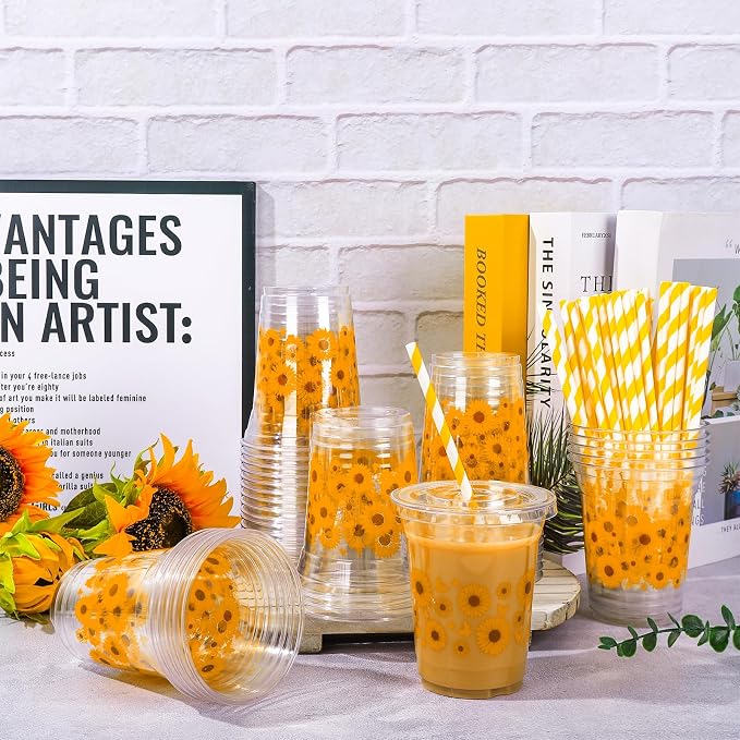 FYSUIMU 50Pcs 12Oz Sunflower Plastic Cup with Lid & Straw Yellow Floral Butterfly Clear Disposable Drinking Cup for Spring Summer Party Supplies
