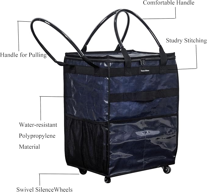 Reusable Grocery Bag On Wheels Large Capacity Shopping Trolley Foldable Rolling Tote with Outside Pocket, Heavy Duty Handle (Blue, Medium)