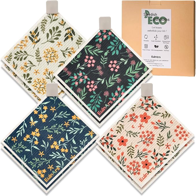 Eulnars Reusable Paper Towels, Swedish Dishcloths for Kitchen 8-Pack, Non-Scratch Swedish Dish Towels, Super Absorbent Cellulose Dish Cloths, Eco Friendly Gifts