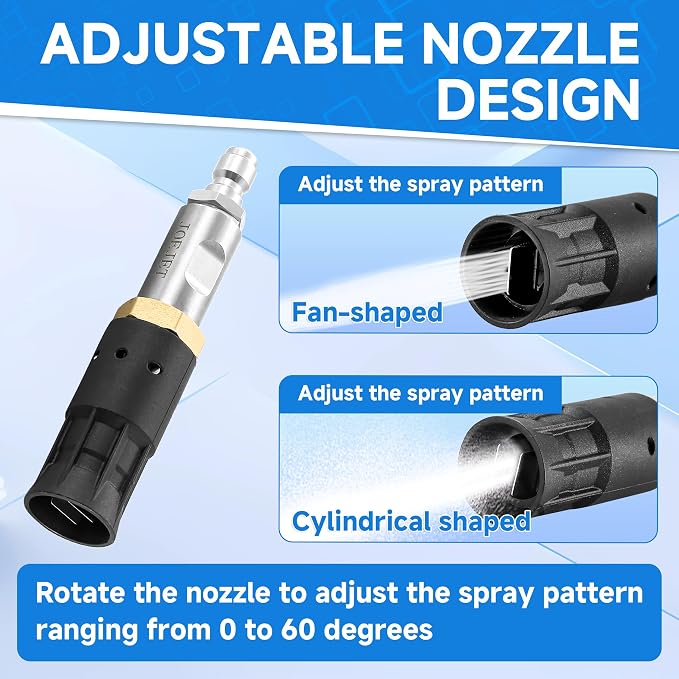 JOEJET Adjustable Pressure Washer Long Range Nozzle, 1/4" Quick Connect | Twist Nozzle 0 to 60° Spray Pattern, High Reach, No Ladder Needed, 2-3 GPM