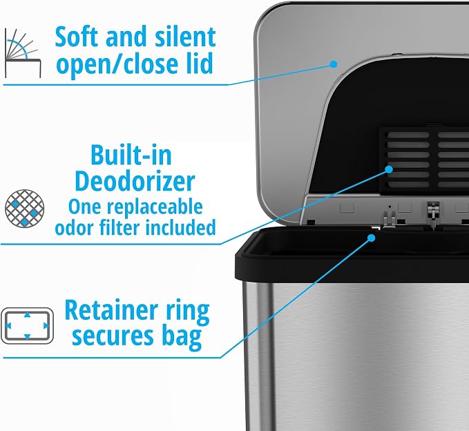 Halo TapCan 13 Gallon Effortless Trash Can with One-Tap Pedal Sensor and Odor Control System and AC Adapter-Stainless Steel with Black Trim