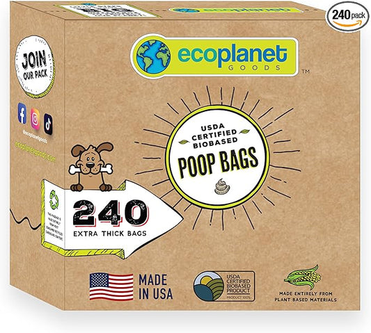Compostable Dog Poop Bags I 240 Bags I Made in USA I Completely Biodegrades 90 Days After Use I 100% Plant Based I Eco-Friendly I Extra Strong, Leak Proof, 9”x12”, Premium Thickness