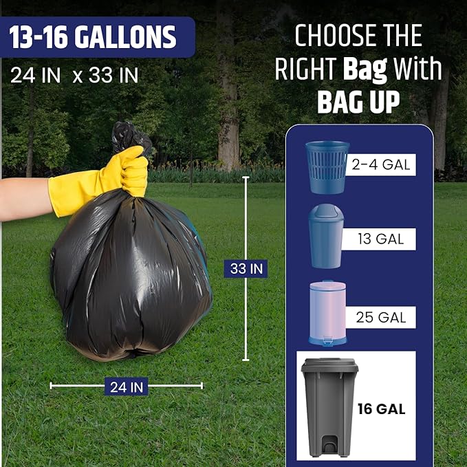 Bag Up 13 Gallon Everyday Use Trash Bags | 500 Count Bulk | Black | Garbage Bags | Bin Liners | for Domestic Use | Office Use | 13–16 Gallons | 24 x 33 Inches