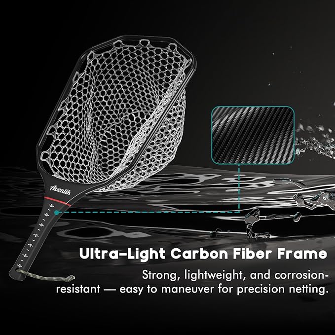 Riverruns Fly Fishing Landing Net Carbon Fiber Trout Net with Measurement Handle, Soft Rubber Mesh - 26" Standard (Wading) / 37" Long (Kayak)