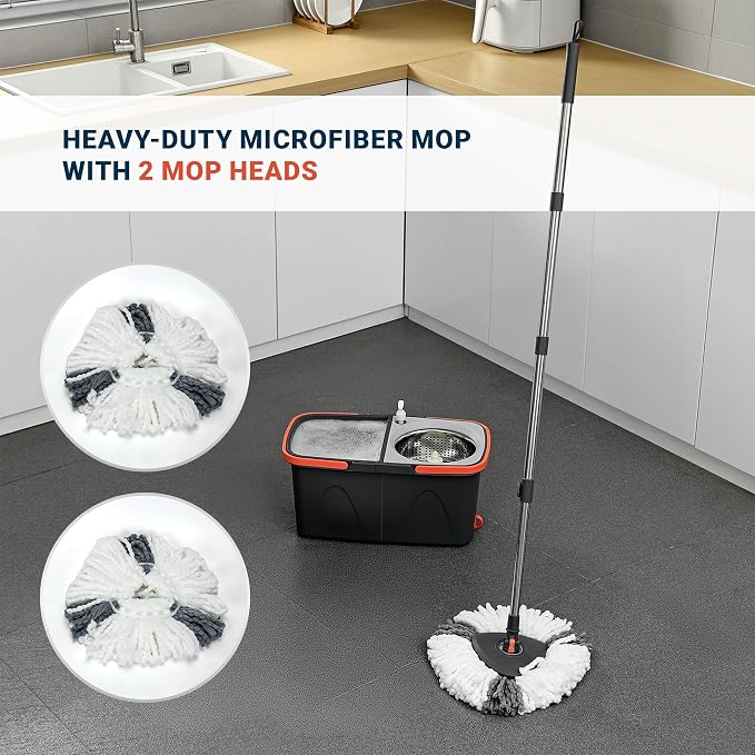 360° Rotating Spin Mop and Foldable Bucket Set, Dual Clean & Dirty Water System, Hands-Free Easy Spin Wringing, Heavy-Duty Microfiber Mop with 2 Mop Heads for All Floor Types (TWINS - LV-A03-1)