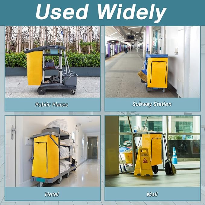 Meanplan 1 Pack Cleaning Cart Bag Zippered Front Replacement Janitorial Cart Thick Bag Large Capacity Commercial Cleaning Bags for Housekeeping Carts, Yellow (26.5 x 15.5 x 10.5 Inch)