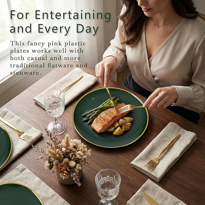 KIRE 350PCS Green Plates Disposable - Heavy Duty Green and Gold Plates - 50Guest Include Green Plastic Dinnerware - Pro Rolled Napkins with Gold Silverware and Cups for 2026 FIFA World Cup&Party