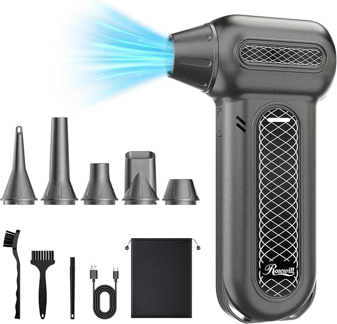 Rosewill Electric Air Duster - 130,000 RPM Super Power Cordless Compressed with Turbo Mode, 4-Gear Adjustable Mini Blower with Fast Charging, Inflation and Suction, Dust Blower for Computer, Keyboard
