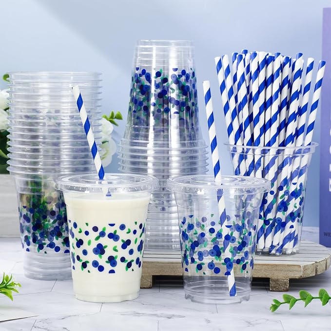 FYSUIMU 50 Pcs 12 Oz Blueberries with Leaves Plastic Cups with Lids & Straws Disposable Clear Drinking Cups for Wedding Birthday Baby Shower Party Supplies