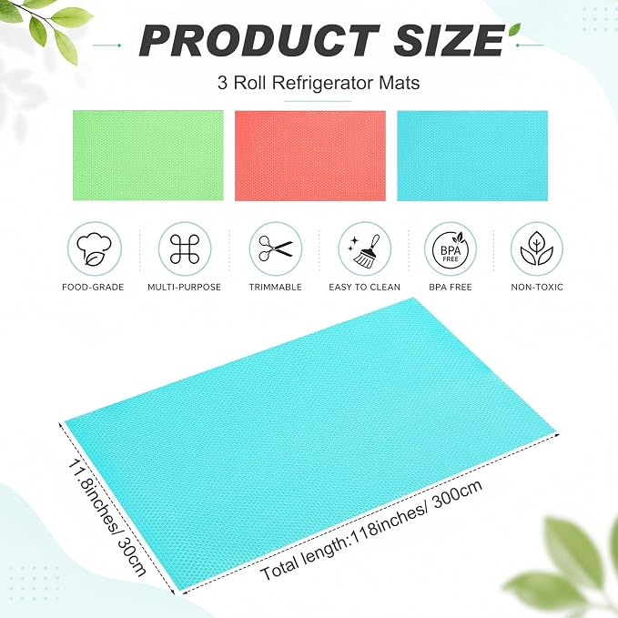 Junkin 3 Roll Refrigerator Liners, 11.8 Inch x 9.8 ft Washable Waterproof Fridge Mat Easy to Clear Fridge Pads Shelves Drawer Table Mats Refrigerator Liners for Shelves, Easy to Cut