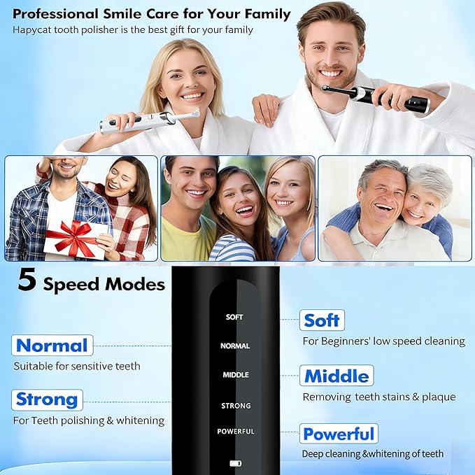 Coobest Tooth Polisher Kit with 5 Speed Modes and 5 Heads, Tooth Whitening for Cleaning with LED Light, IPX7 Waterproof Tooth Polish Complete Teeth Cleaning Tools Home Dental Care Set Black