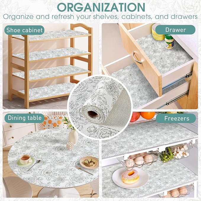 Drawer and Shelf Liner, Non-Slip Kitchen Cabinet Liners Non-Adhesive Thick Strong Grip Waterproof Washable Mats Protect Dresser Shelves Cupboard Bathroom Cabinets, Rose, 24 in X 20 FT