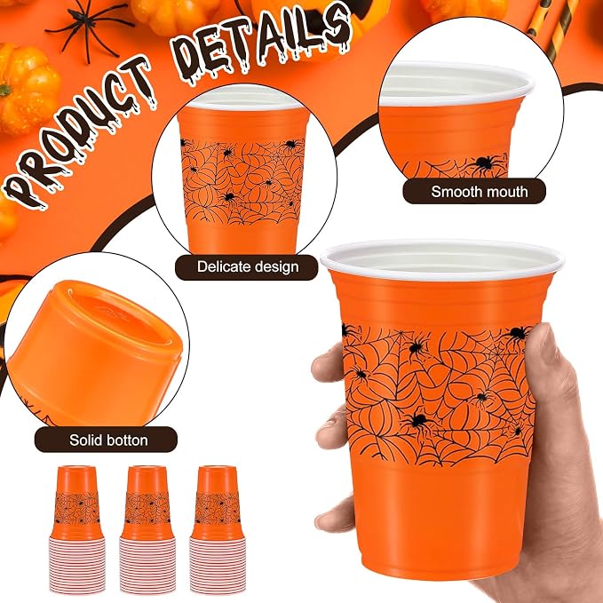Jingmore 50 Pcs Halloween Plastic Cups, 16 oz Orange Party Disposable Cups Hot Cold Drinks Cups for Party Decoration Supplies Party Favors