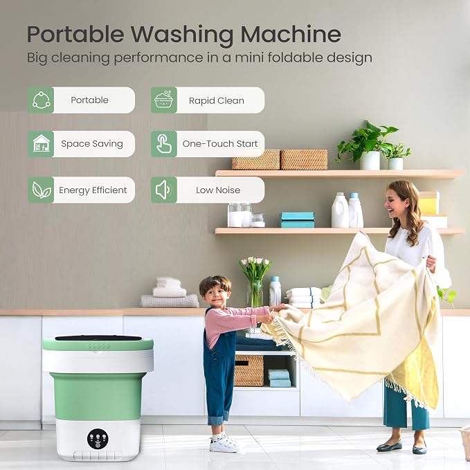 Portable Washing Machine 20L - Mini Washer with Spin Basket, 3 Cleaning Modes & Deep Wash for Small Clothes, Foldable Laundry for Apartment, Home, RV and Travel (Green)