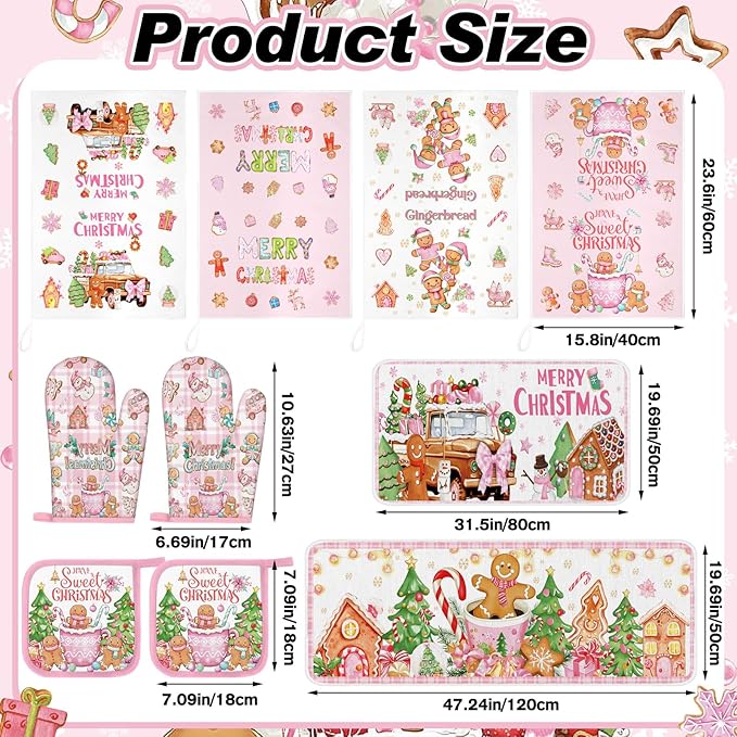 Fanfanwin 10 Pcs Winter Oven Mitts Pot Holders Kitchen Rug and Towel Set Absorbent Towels for Baking Cooking BBQ Gifts Kitchen Decor(Pink,Gingerbread Man)