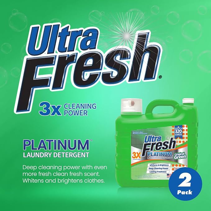 Ultra Fresh 2 Pack 3X Platinum Liquid Laundry Detergent up to 320 Loads, Original Green - Deep Cleaning Power and Fresh Scent for Washing Clothes