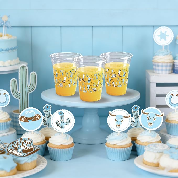 100 Pcs Cowboy Party Plastic Cups, 16 oz Clear Blue Western Cowboy Disposable Cups Bulk for Cold Juice Cold Beverage Holiday Favor Birthday Party Supplies