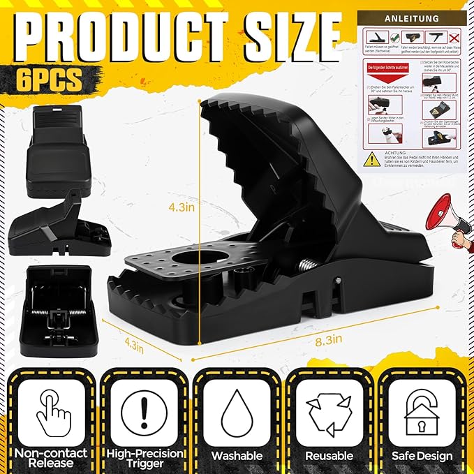 Qualirey 6 Pcs 8.3in Large Rat Snap Traps Mouse Traps Indoor for Home Mouse Trap Mice Killer Indoor Mice Snap Trap Multi-capturing Tooth Design Quick Setup and Reusable for Squirrels, Chipmunks