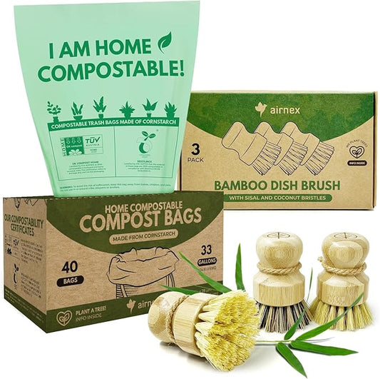AIRNEX 40 Count Compost Bags for Countertop Bin 13 Gal & Bamboo Dish Brushes Set of 3-100% Compostable Trash Bags made of Cornstarch - Medium Stiff Sisal &Strong Blend of Coconut Bristles Brushes
